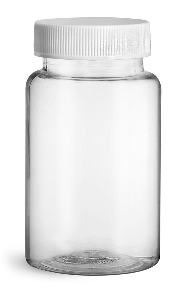 100 cc Plastic Bottles, Clear PET Wide Mouth Packer Bottles w/ White Ribbed PE Lined Caps