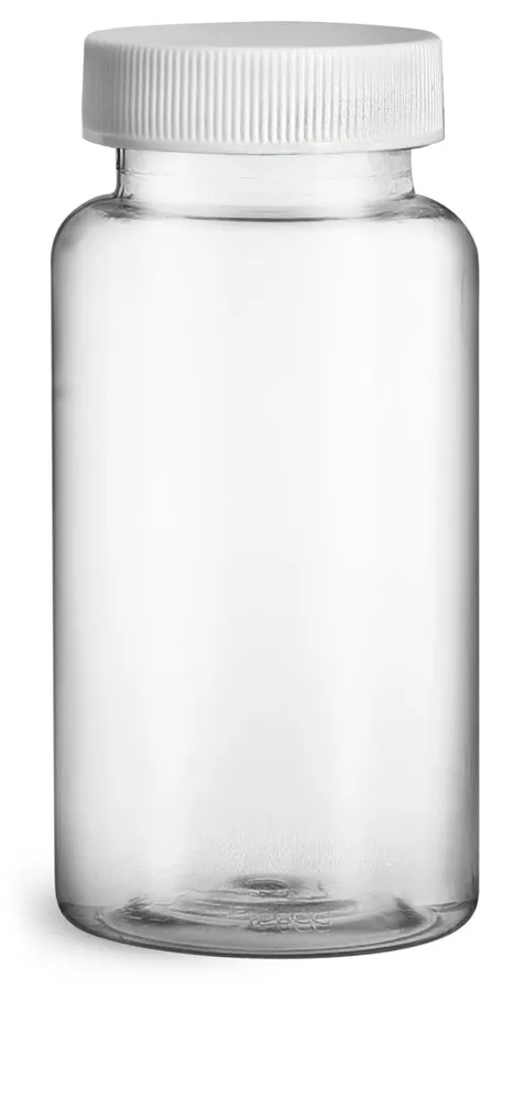 150 cc Plastic Bottles, Clear PET Wide Mouth Packer Bottles w/ White Ribbed PE Lined Caps