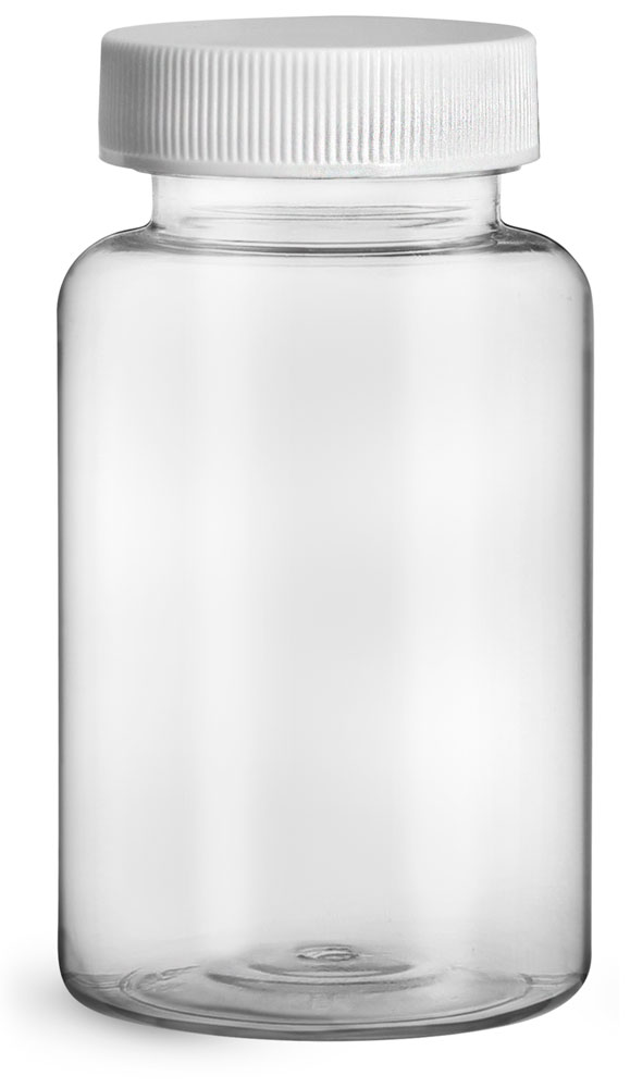 250 cc Plastic Bottles, Clear PET Wide Mouth Packer Bottles w/ White Ribbed PE Lined Caps
