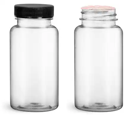 PET  Clear Wide Mouth Packer Bottles w/ Black Ribbed Induction Lined Caps