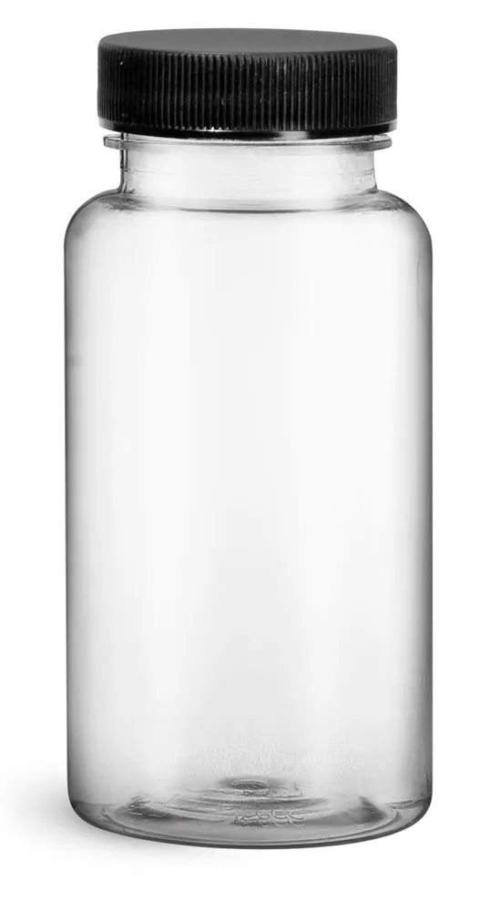 150 cc Plastic Bottles, Clear PET Wide Mouth Packer Bottles w/ Black Ribbed Induction Lined Caps