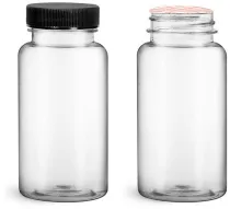 PET Clear Wide Mouth Packer Bottles w/ Black Ribbed Induction Lined Caps 