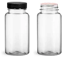 PET  Clear Wide Mouth Packer Bottles w/ Black Ribbed Induction Lined Caps