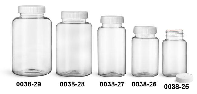 Plastic Bottles, Clear PET Wide Mouth Packer Bottles w/ White Ribbed Induction Lined Caps