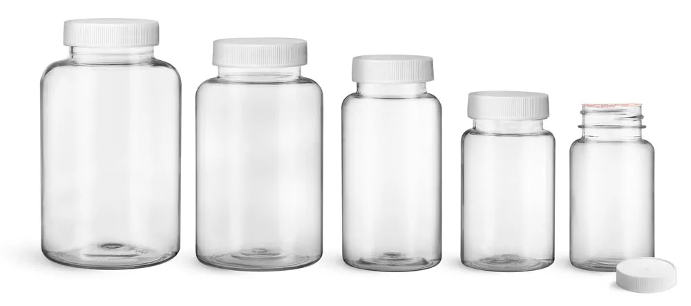 PET Plastic Bottles, Clear Wide Mouth Packer Bottles w/ White Ribbed Induction Lined Caps