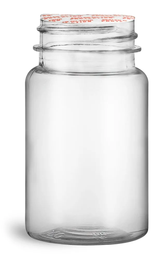 75 cc Plastic Bottles, Clear PET Wide Mouth Packer Bottles w/ White Ribbed Induction Lined Caps