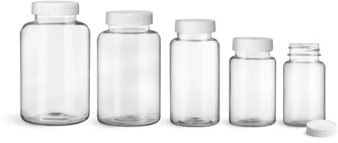 PET Clear Wide Mouth Packer Bottles w/ White Ribbed Induction Lined Caps