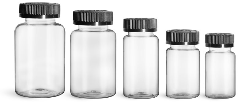 PET Plastic Bottles, Clear Wide Mouth Packer Bottles w/ Black Child Resistant Caps
