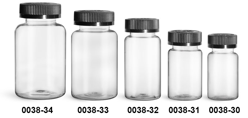 Plastic Bottles, Clear PET Wide Mouth Packer Bottles w/ Black Child Resistant Caps