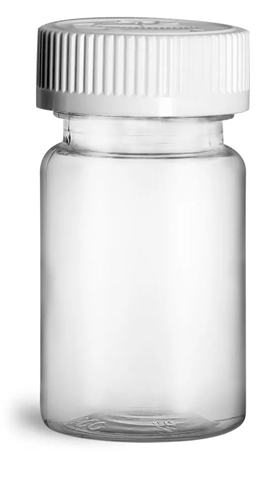 75 cc Plastic Bottles, Clear PET Wide Mouth Packer Bottles w/ White Child Resistant Caps