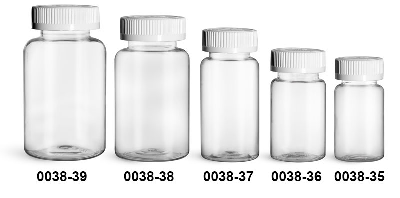Plastic Bottles, Clear PET Wide Mouth Packer Bottles w/ White Child Resistant Caps