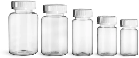 PET Clear Wide Mouth Packer Bottles w/ White Child Resistant Caps