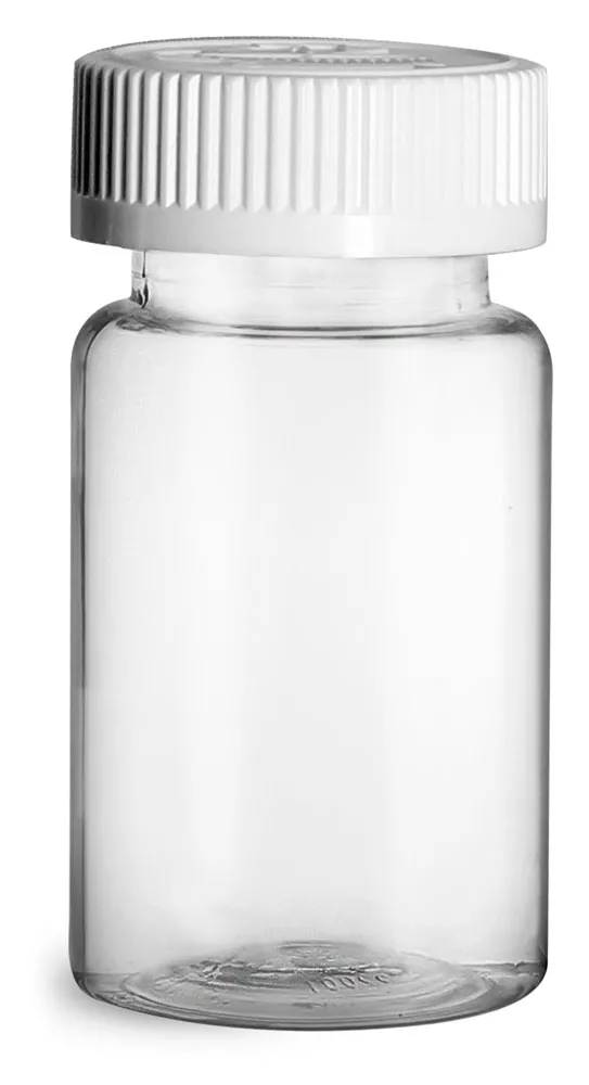 100 cc Plastic Bottles, Clear PET Wide Mouth Packer Bottles w/ White Child Resistant Caps