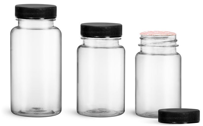 PET Plastic Bottles, Clear Wide Mouth Packer Bottles w/ Black Ribbed Induction Lined Caps