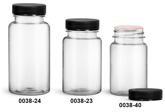 Plastic Bottles, Clear PET Wide Mouth Packer Bottles w/ Black Ribbed Induction Lined Caps