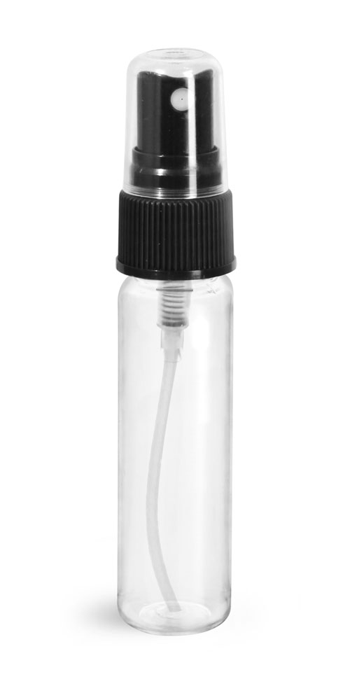1 oz Clear PET Slim Line Cylinders w/ Black Ribbed Sprayers