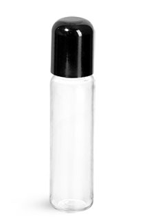 PET Plastic Bottles, Clear Slim Line Cylinder Bottles w/ Black Phenolic Dome Caps
