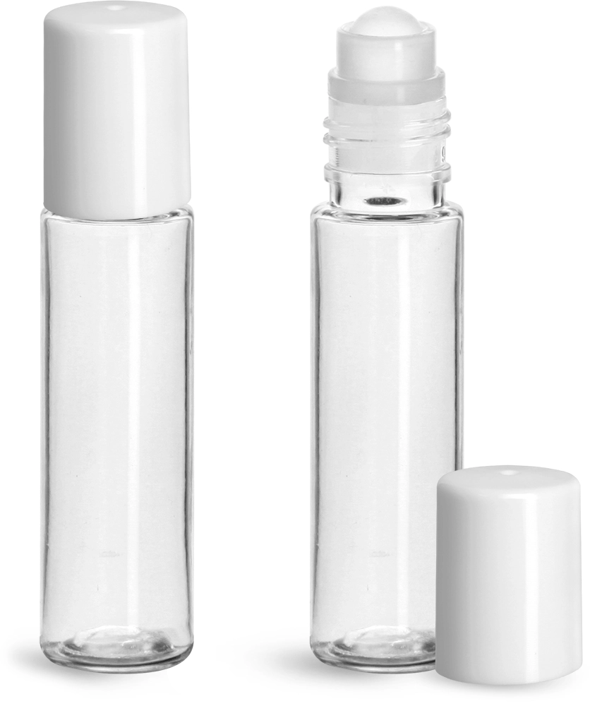 13 ml Clear PET Mini Roll-On Container w/ Fitment, Ball and White Cap