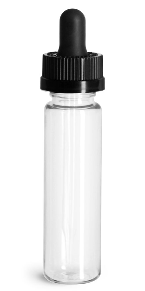 1 oz Plastic Bottles, Clear PET Slim Line Cylinders w/ Black Child Resistant Glass Droppers