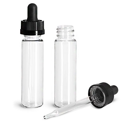 Plastic Bottles, Clear PET Slim Line Cylinders w/ Black Child Resistant Glass Droppers