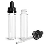 PET Plastic Bottles, Clear Slim Line Cylinders w/ Black Child Resistant Glass Droppers