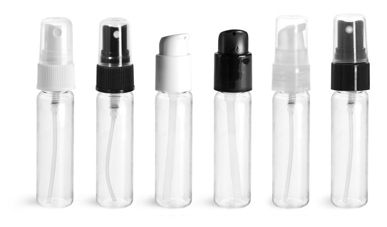 PET Plastic Bottles, Clear Slim Line Cylinders with Sprayers or Pumps