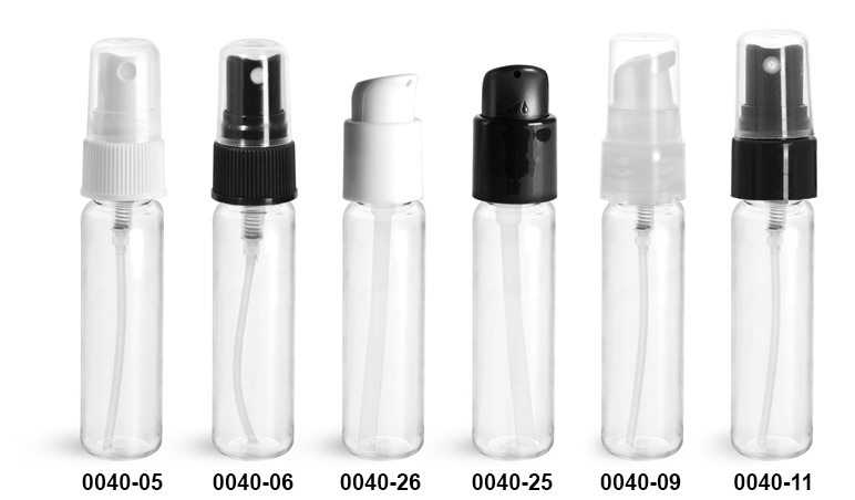 Plastic Bottles, Clear PET Slim Line Cylinders with Sprayers or Pumps