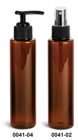 Plastic Bottles, Amber PET Slim Line Cylinders With Ribbed Sprayers Or Pumps