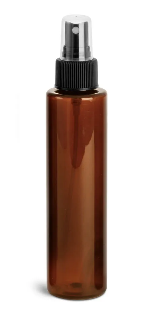 4 oz w/ Black Ribbed Sprayer Amber PET Slim Line Cylinders w/ Black Sprayers