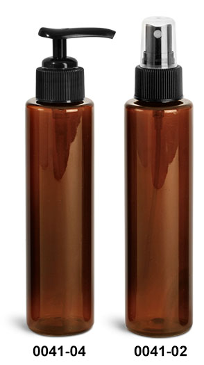 Plastic Bottles, Amber PET Slim Line Cylinders With Ribbed Sprayers Or Pumps