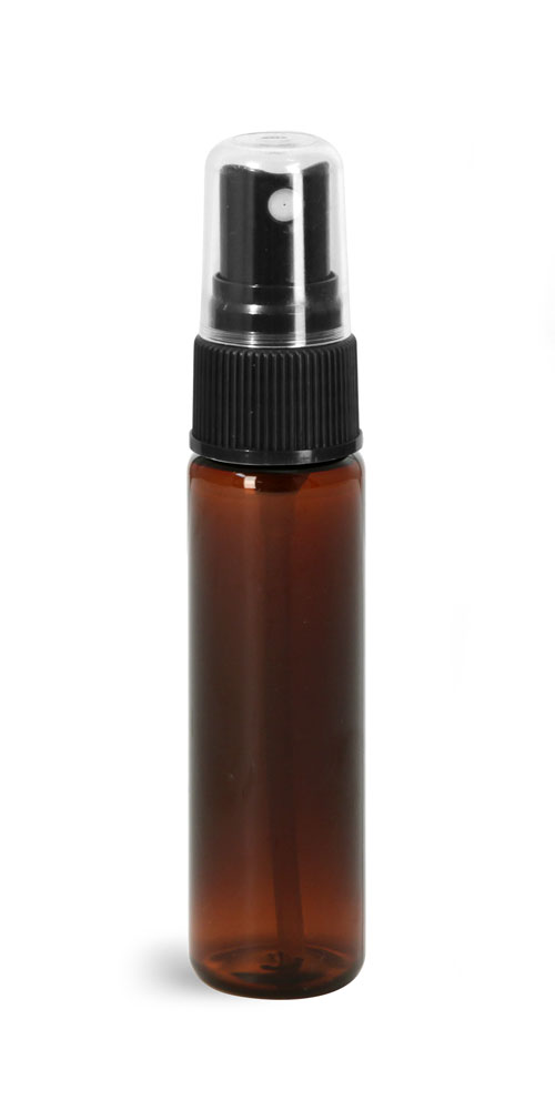 1 oz w/ Black Ribbed Sprayers Amber PET Slim Line Cylinders w/ Black Sprayers