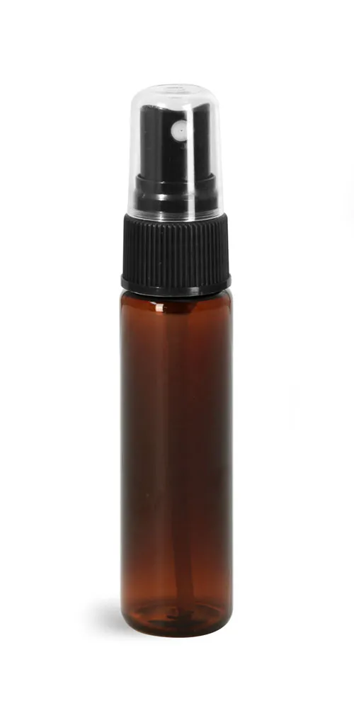 1 oz w/ Black Ribbed Sprayers Amber PET Slim Line Cylinders w/ Black Sprayers