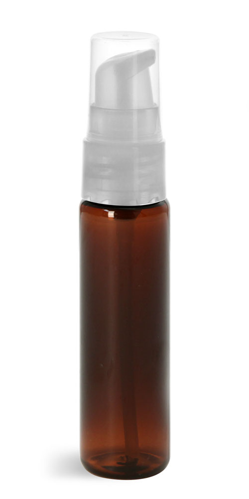 1 oz w/ Natural Pumps Amber PET Slim Line Cylinders w/ Natural Pumps