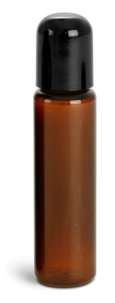 1 oz Amber PET Slim Line Cylinders w/ Black Phenolic Dome Caps