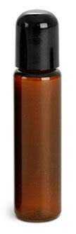 Plastic Bottles, Amber PET Slim Line Cylinders with Black Phenolic Dome Caps