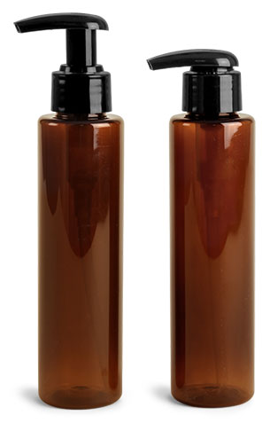 Amber PET Slim Line Cylinders w/ Black 2 cc Lotion Pumps