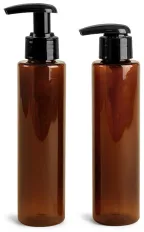 Amber PET Slim Line Cylinder Bottles w/ Black 2 cc Lotion Pumps