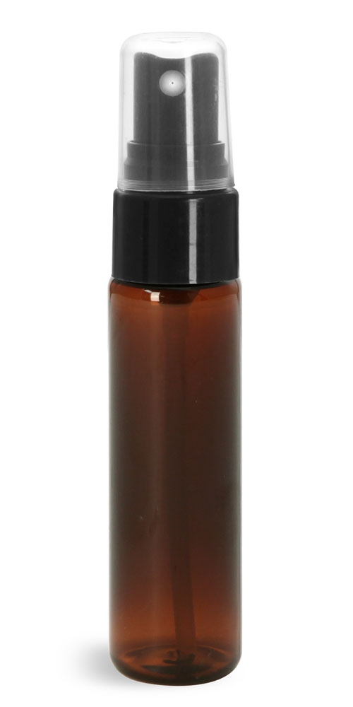 1 oz w/ Black Smooth Sprayers Amber PET Slim Line Cylinders w/ Sprayers or Pumps