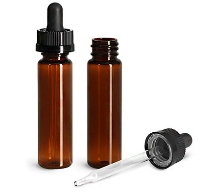Plastic Bottles, Amber PET Slim Line Cylinders w/ Black Child Resistant Glass Droppers