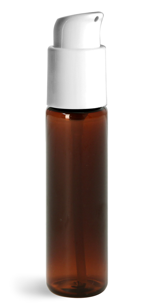1 oz w/ White Pumps Amber PET Slim Line Cylinders w/ Treatment Pumps