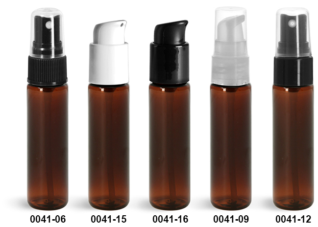 Plastic Bottles, Amber PET Slim Line Cylinders With Sprayers Or Pumps
