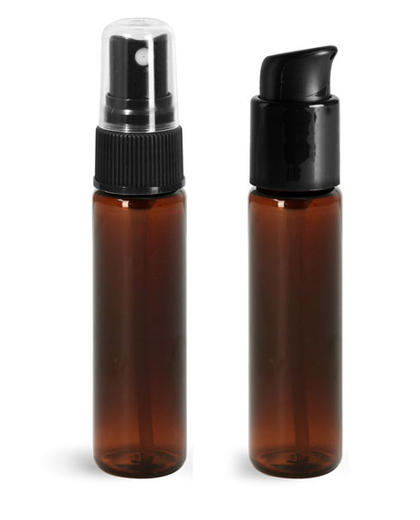 1 oz Amber PET Slim Line Cylinder Bottles w/ Sprayers or  Pumps