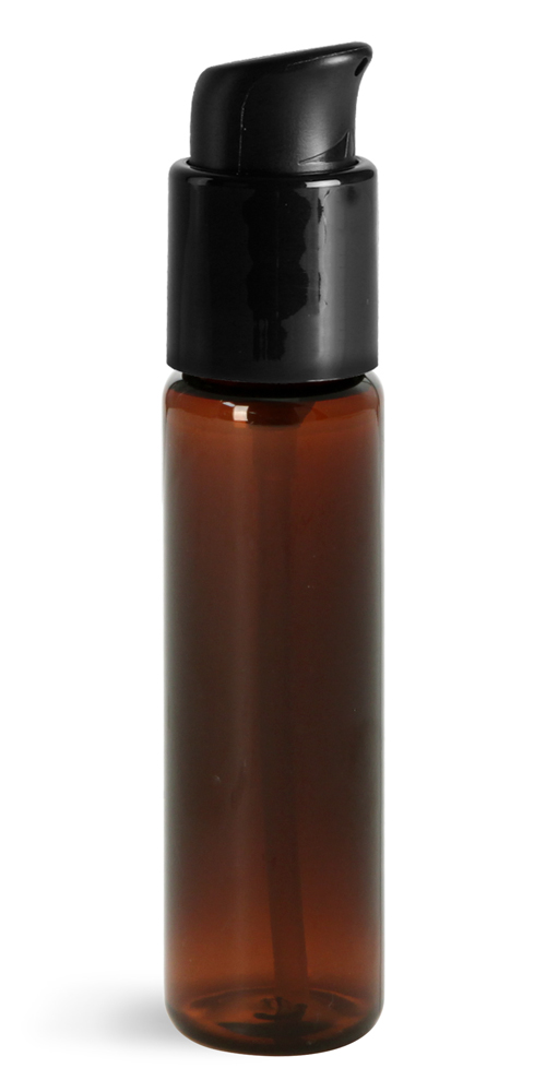 1 oz w/ Black Pumps Amber PET Slim Line Cylinders w/ Treatment Pumps