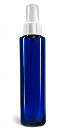 Blue PET Slim Line Cylinder Bottles w/ White Sprayer