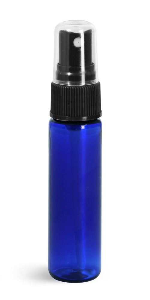 1 oz w/ Black Ribbed Sprayers Blue PET Slim Line Cylinders w/ Black Sprayers