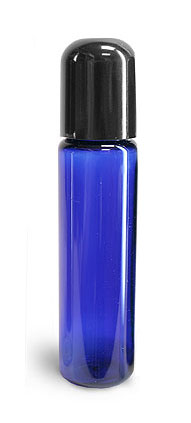 Blue 1 oz PET Slim Line Cylinder Bottles with Black Phenolic Dome Caps 