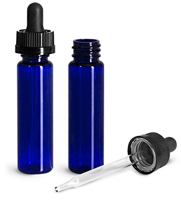 Plastic Bottles, Blue PET Slim Line Cylinders w/ Black Child Resistant Glass Droppers