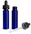Plastic Bottles, Blue PET Slim Line Cylinders w/ Black Child Resistant Glass Droppers