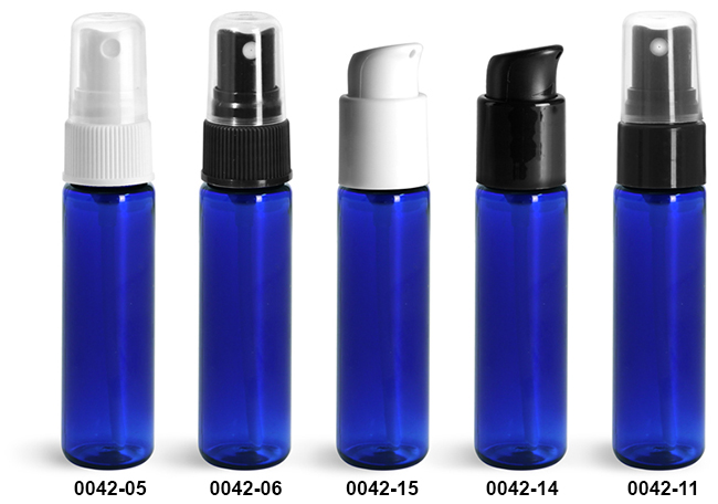 Plastic Bottles, Blue PET Slim Line Cylinders With Sprayers Or Pumps