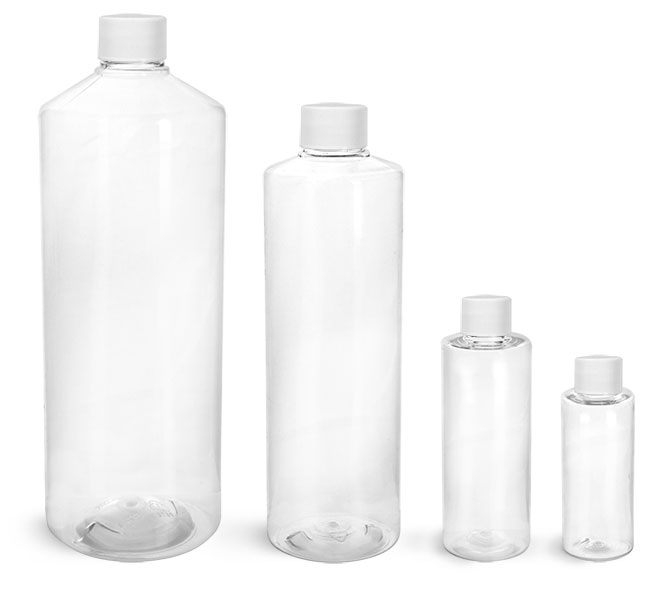 16 oz Clear PET Cylinder Bottles w/ White PP Ribbed Caps
